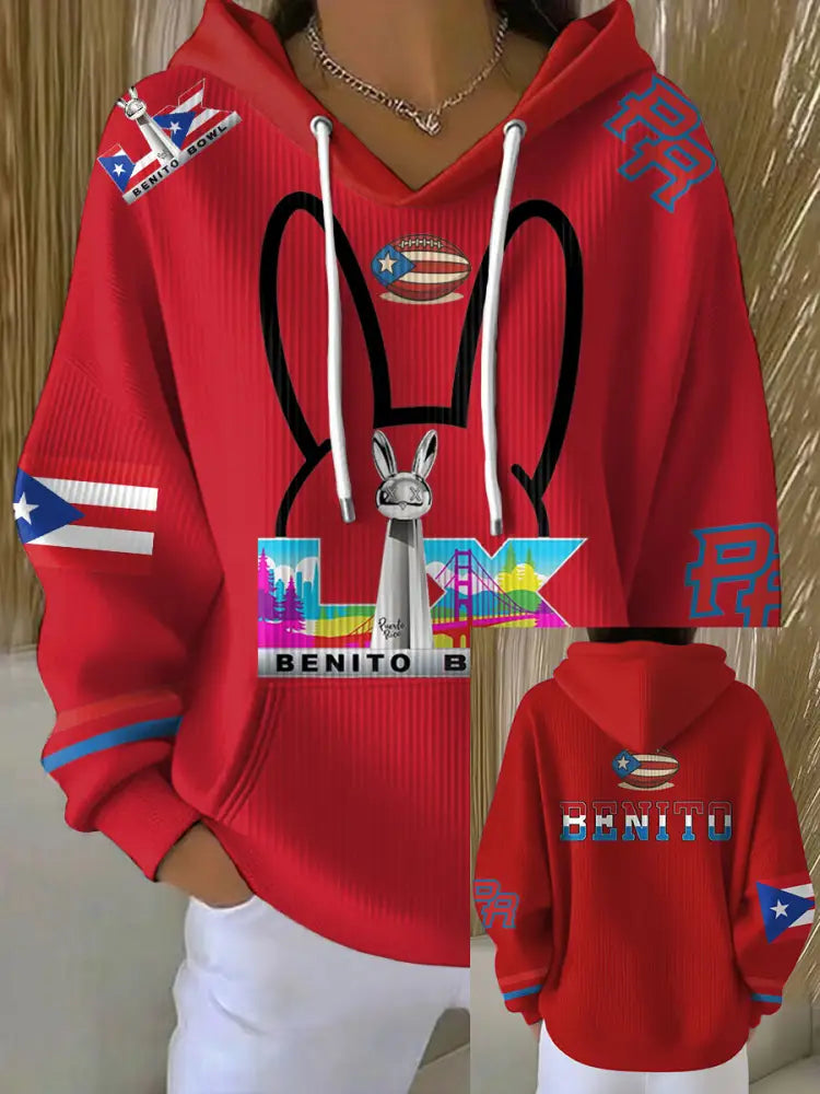 Women’s Bunny Football Music Lover Printed Hoodie Red / S