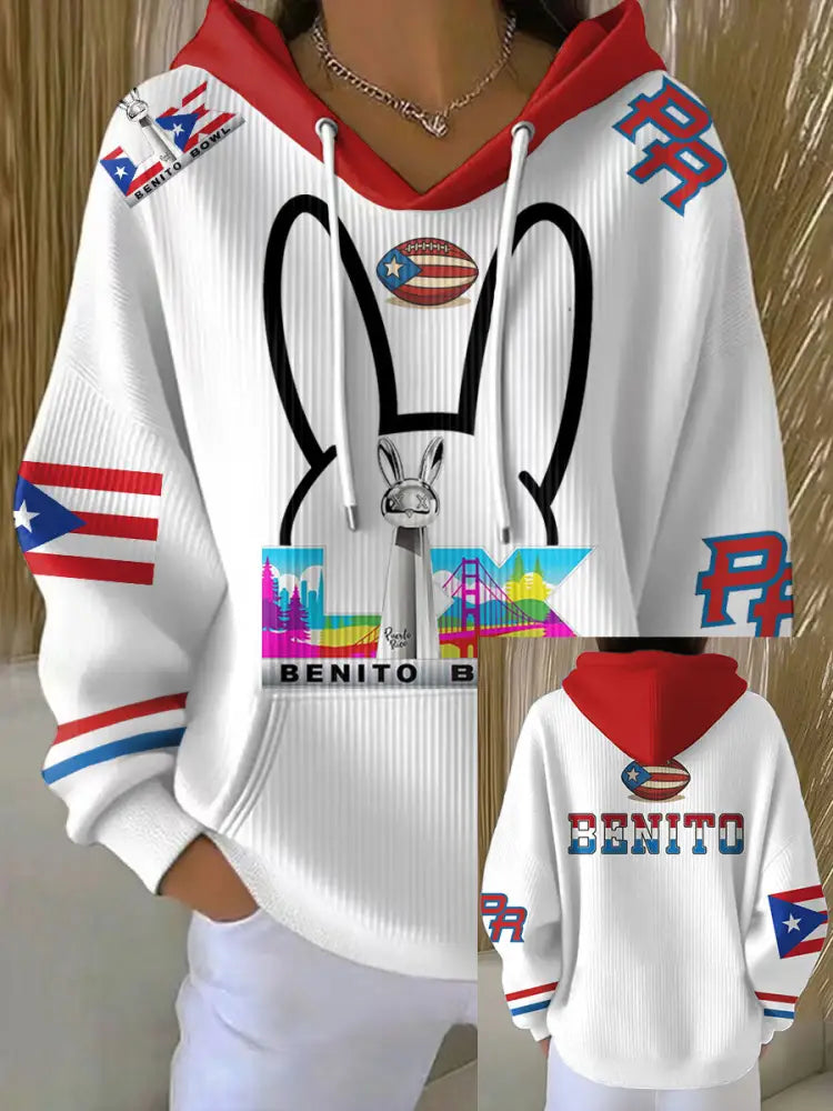 Women’s Bunny Football Music Lover Printed Hoodie White / S