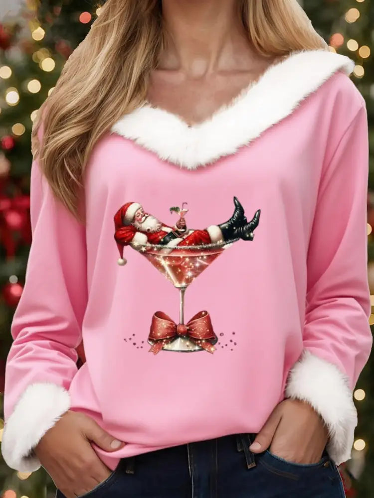 Women’s Casual Christmas Fur Collar Top Pink / S