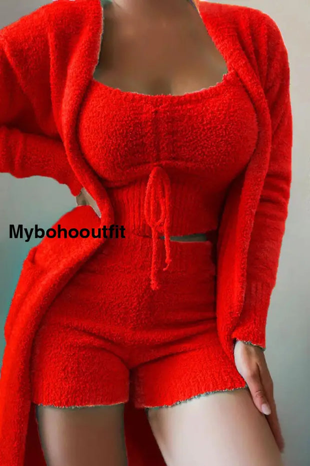 Women’s Casual Plush Vest Shorts Jacket Three Piece Suit Red / S