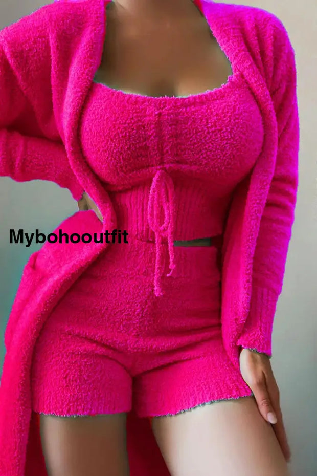 Women’s Casual Plush Vest Shorts Jacket Three Piece Suit Rose Red / S