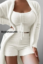 Women’s Casual Plush Vest Shorts Jacket Three Piece Suit White / S