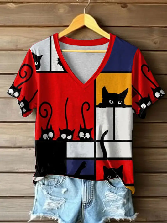 Women’s Cat Line Art Print T-Shirt As picture / S