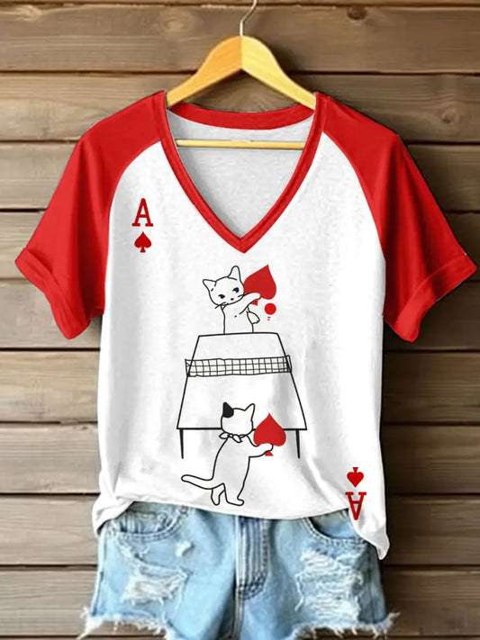 Women’s Cats Playing Cards Inspired Print T-Shirt As picture / S