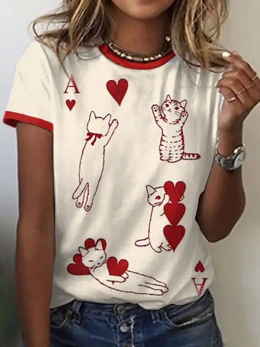 Women’s Cats Playing Cards Inspired Print Vintage T-Shirt As picture / S