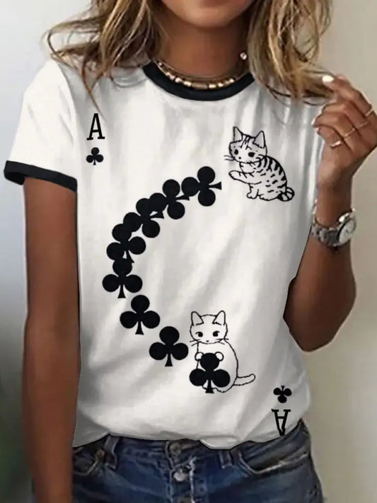 Women’s Cats Playing Cards Inspired Print Vintage T-Shirt As picture / S