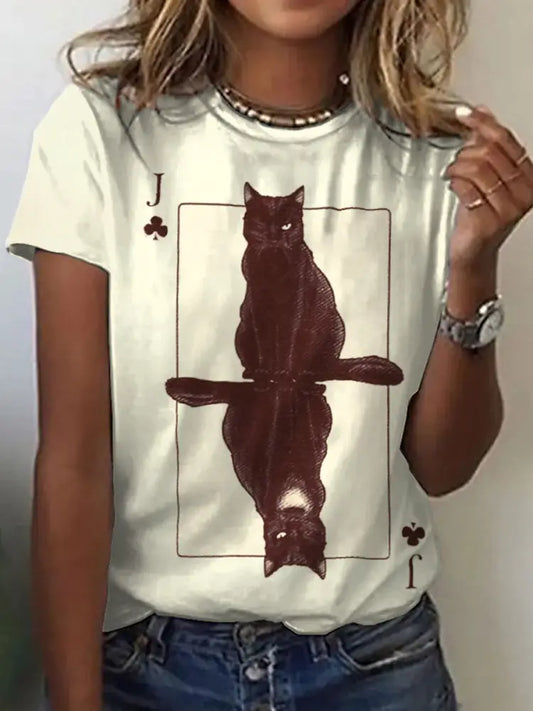 Women’s Cats Playing Cards Inspired Print Vintage T-Shirt As picture / S