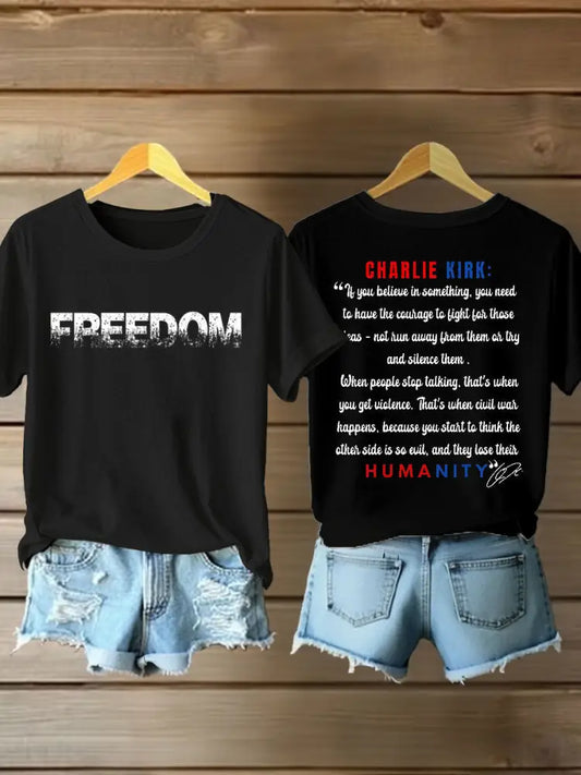 Women’s Charlie Kirk Freedom Print Iron On Short Sleeve T-Shirt Black / S