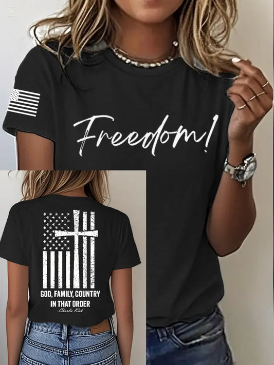 Women’s Charlie Kirk Freedom Print Iron On Short Sleeve T-Shirt Black / S