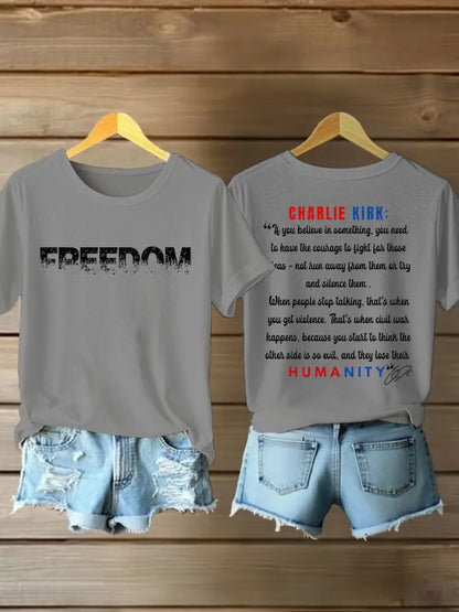 Women’s Charlie Kirk Freedom Print Iron On Short Sleeve T-Shirt Light Gray / S