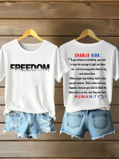 Women’s Charlie Kirk Freedom Print Iron On Short Sleeve T-Shirt White / S