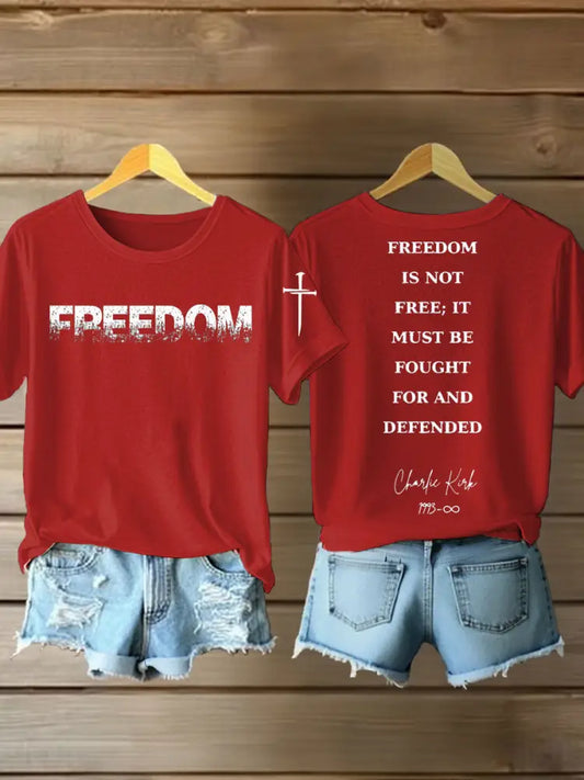 Women’s Charlie Kirk Freedom Printed Iron On Short Sleeve T-Shirt Red / S