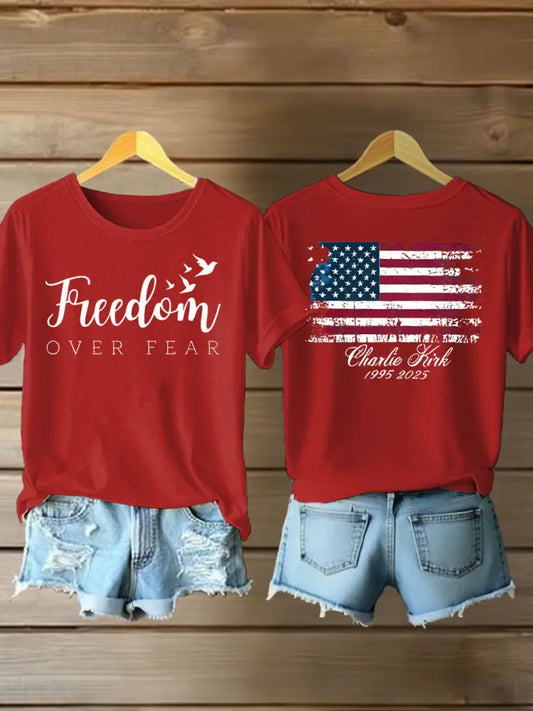 Women’s Charlie Kirk Freedom Printed Iron On Short Sleeve T-Shirt Red / S