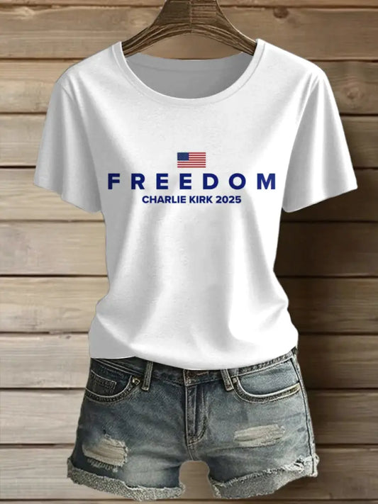 Women’s Charlie Kirk Freedom Printed Vintage Fashion Loose Short Sleeve T-Shirt White / S