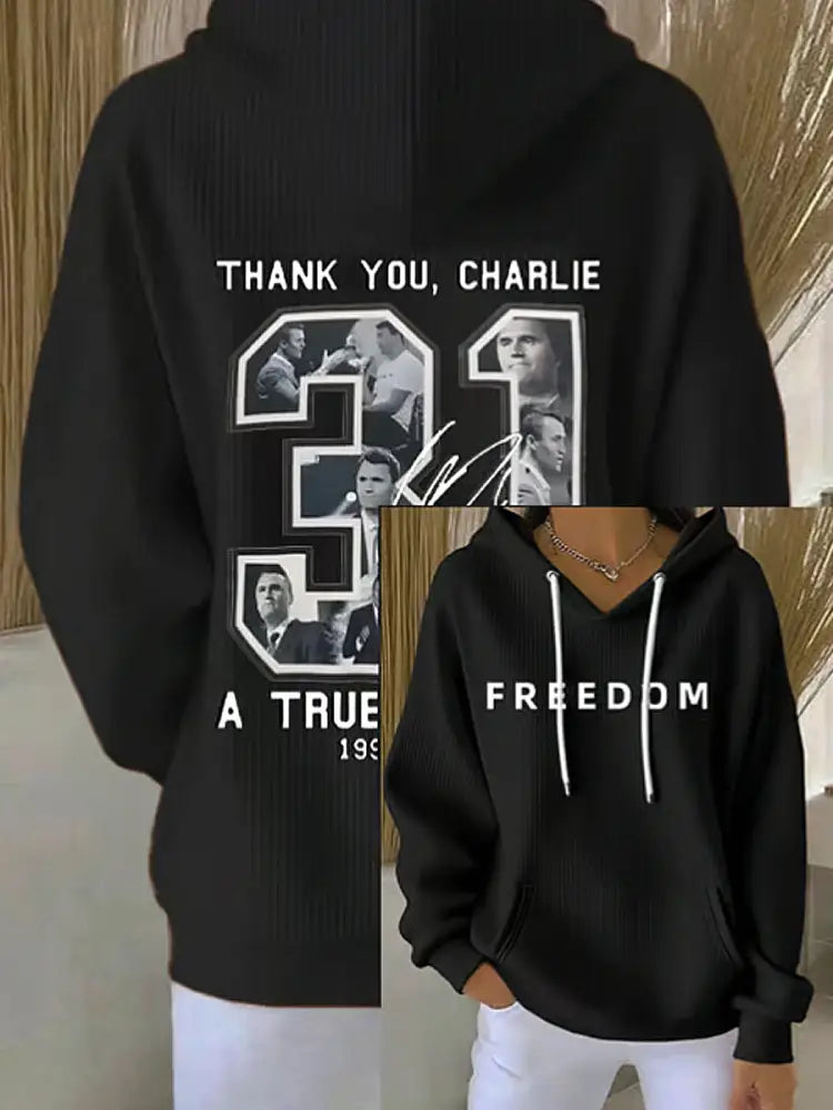 Women’s Charlie Kirk Printed Long Sleeved Hooded Sweatshirt Black / S