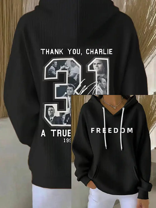 Women’s Charlie Kirk Printed Long Sleeved Hooded Sweatshirt Black / S