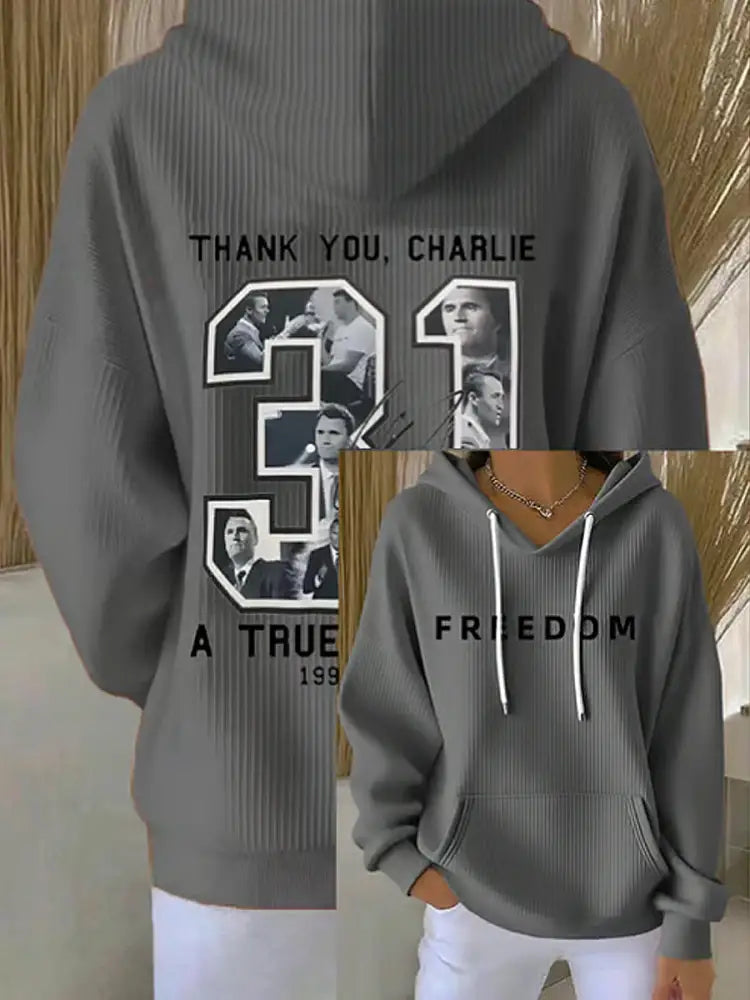 Women’s Charlie Kirk Printed Long Sleeved Hooded Sweatshirt Gray / S