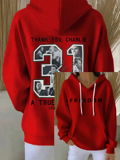 Women’s Charlie Kirk Printed Long Sleeved Hooded Sweatshirt Red / S
