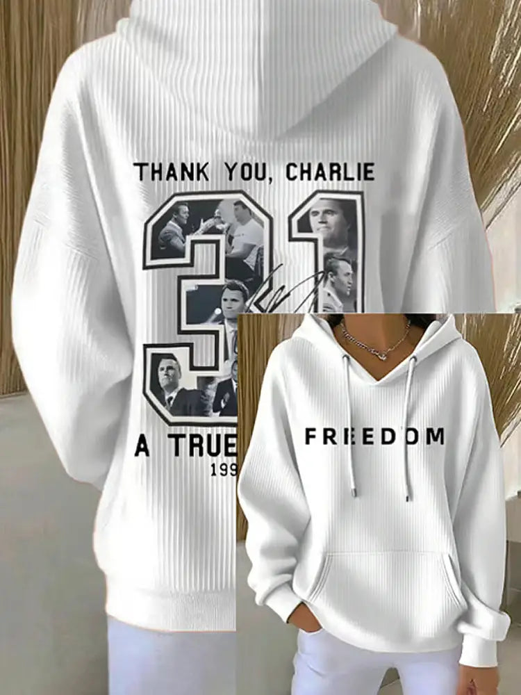 Women’s Charlie Kirk Printed Long Sleeved Hooded Sweatshirt White / S