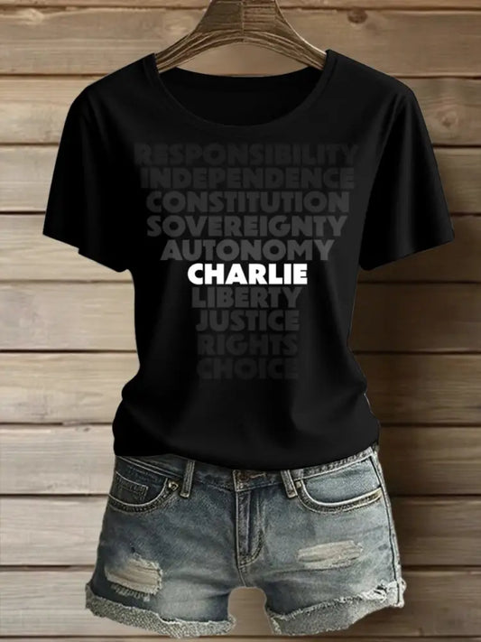 Women’s Charlie Kirk Printed Vintage Fashion Loose Short Sleeve T-Shirt Black / S