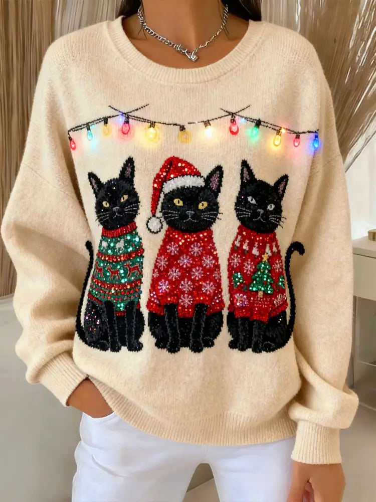 Women’s Christmas Cat Art Casual Pullover Sweater Multicolour / S