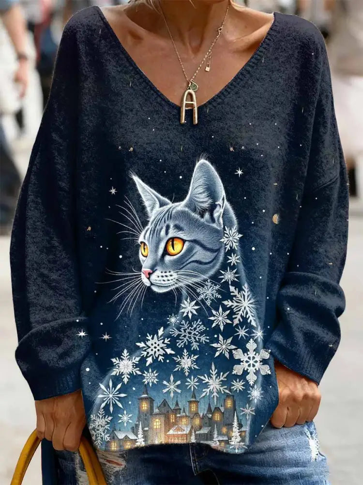 Women’s Christmas Cat Print V Neck Top As picture / S