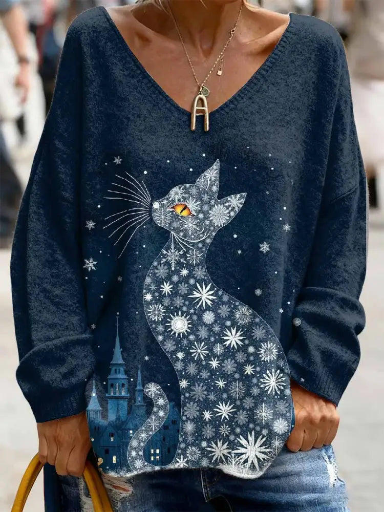 Women’s Christmas Cat Print V Neck Top As picture / S