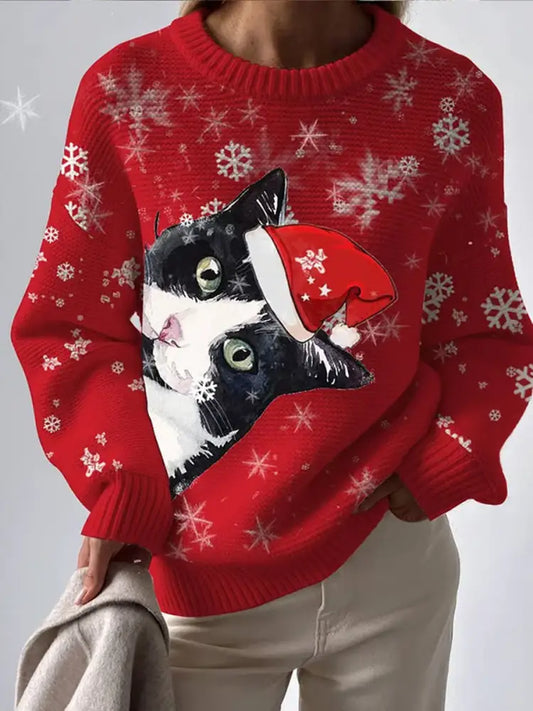 Women’s Christmas cat Printed imitation sweater Red / S