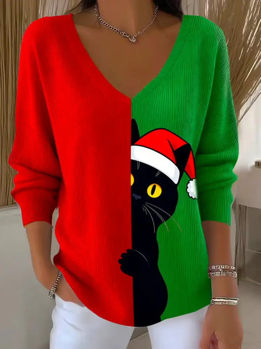 Women’s Christmas cat Printed Tops As picture / S
