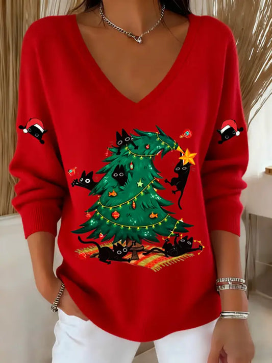 Women’s Christmas cat Printed Tops Red / S