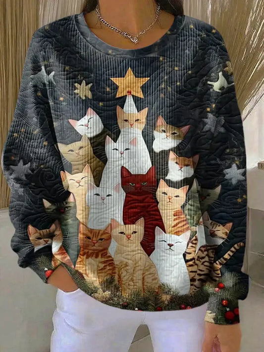 Women’s Christmas cat Ribbed Round-Neck Sweatshirt As picture / S