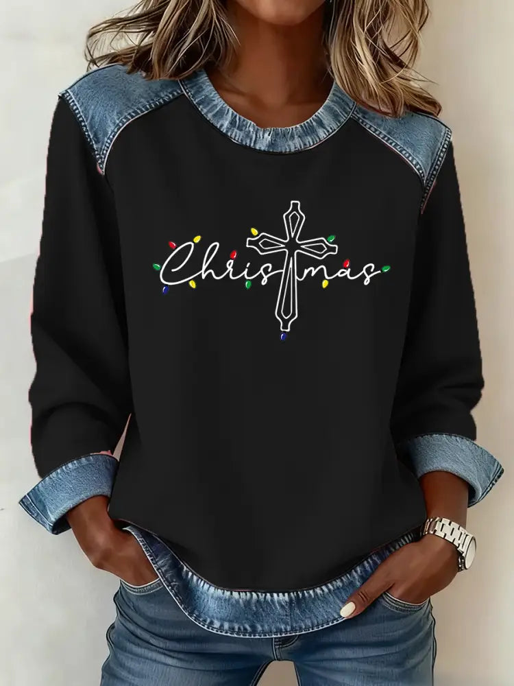 Women’s Christmas Cross Print Casual Top Black / S