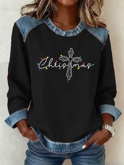 Women’s Christmas Cross Print Casual Top Black / S