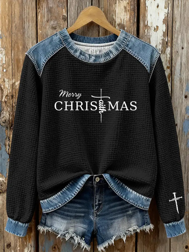 Women’s Christmas Cross Print Casual Top Black / S
