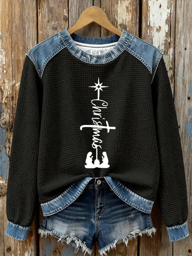 Women’s Christmas Cross Print Casual Top Black / S