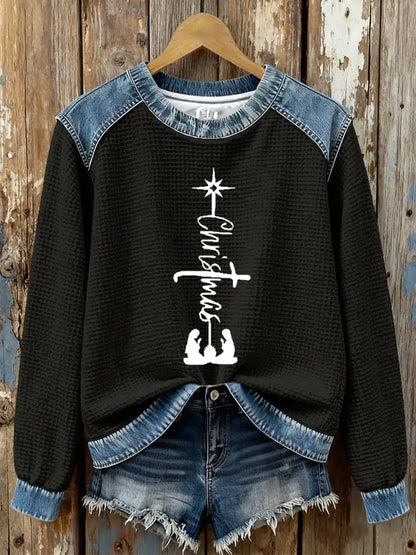 Women’s Christmas Cross Print Casual Top Black / S