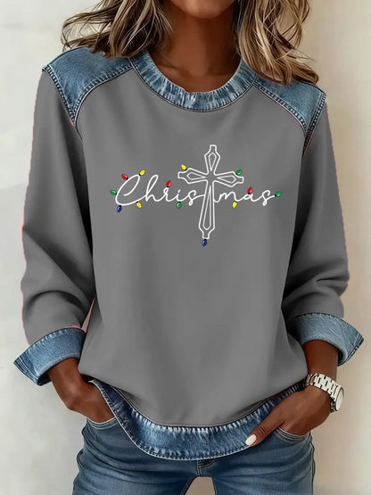 Women’s Christmas Cross Print Casual Top Gray / S