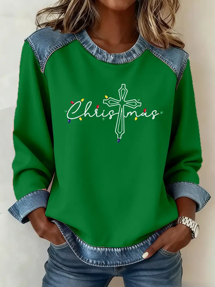 Women’s Christmas Cross Print Casual Top Green / S