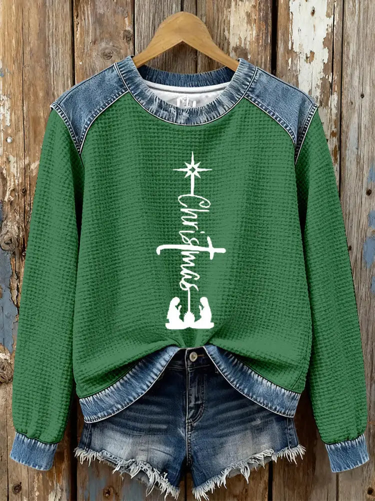 Women’s Christmas Cross Print Casual Top Green / S