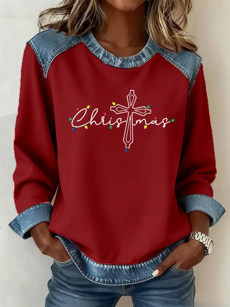 Women’s Christmas Cross Print Casual Top Red / S