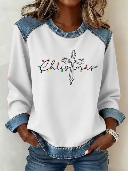 Women’s Christmas Cross Print Casual Top White / S