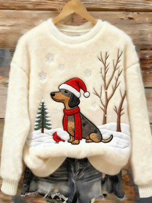Women’s Christmas Dachshund Dog Art Cozy Flannel Sweater As picture / S