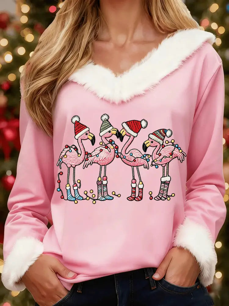 Women’s Christmas Flamingo Print Casual Fur Collar Top Pink / S