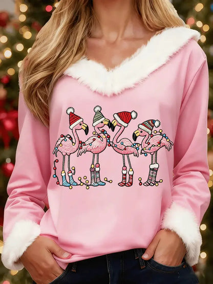 Women’s Christmas Flamingo Print Casual Fur Collar Top Pink / S