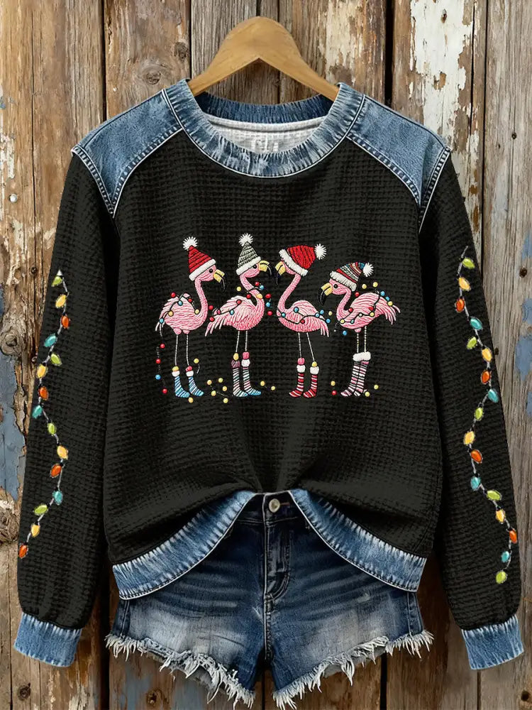 Women’s Christmas Flamingo Print Casual Top Black / S