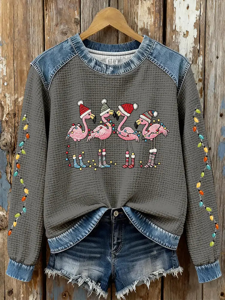 Women’s Christmas Flamingo Print Casual Top Gray / S