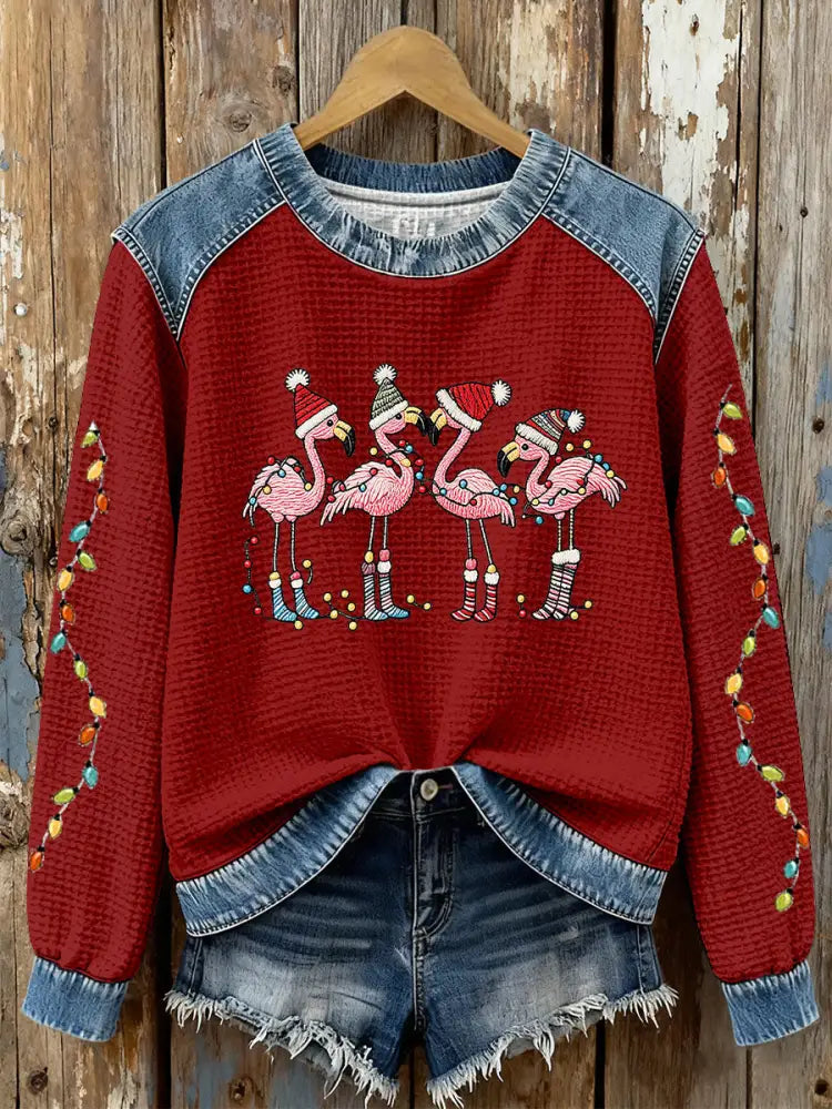 Women’s Christmas Flamingo Print Casual Top Red / S