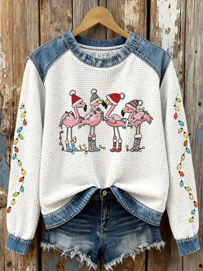 Women’s Christmas Flamingo Print Casual Top White / S