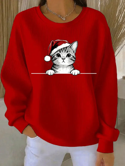 Women’s Christmas Hat Cat Ribbed Round-Neck Sweatshirt Red / S