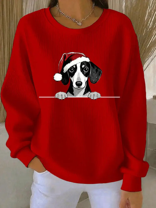 Women’s Christmas Hat Dachshund Ribbed Round-Neck Sweatshirt Red / S